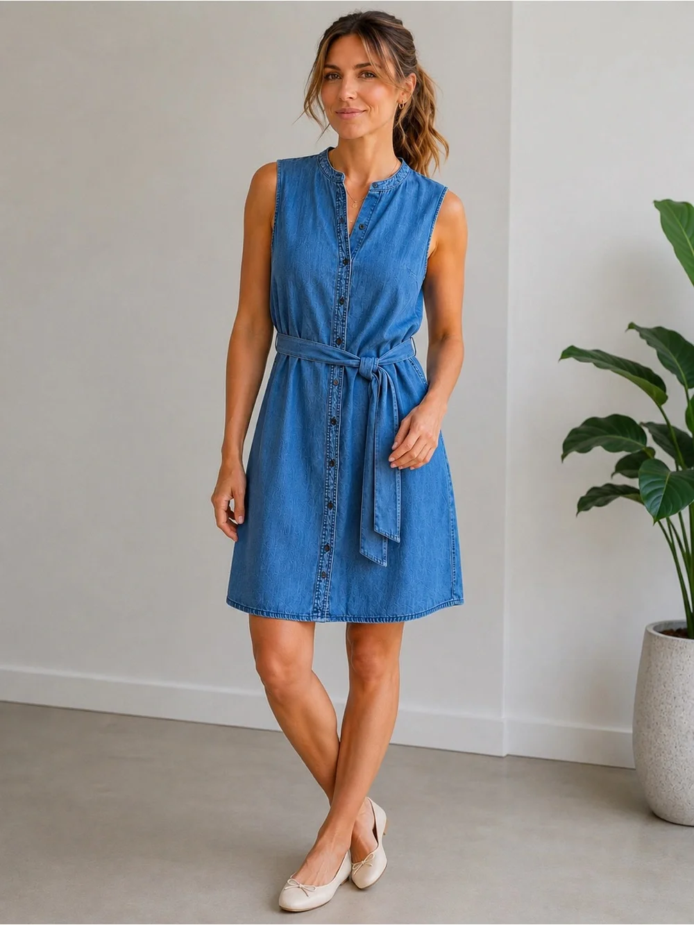 J.Crew Blue Denim Sleeveless Shirt Dress with Tie Waist | Size M
